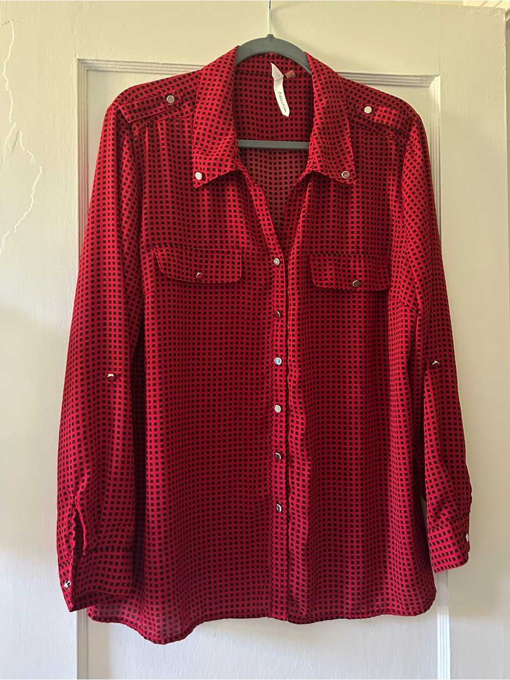 NY Collection Women’s Red With Black Square Print Button Down Top - Size XL